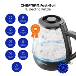 Chefman 1L Rapid-Boil Kettle With Automatic Shutoff - Black: Glass Electric Water Boiler & Warmer, 1500W Tea Heater