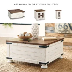 Wystfield Cocktail Table With Storage White/Brown - Signature Design By Ashley: Rectangular Lift-Top, Distressed Two-Tone Finish -Baxton Studio Shop GUEST 7a4e475b 9fdc 4511 b634 94ed1e9035fd