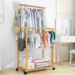 Artloge Thicken Double Rod Bamboo Hanging Clothes Rack Portable Rolling Coat Garment Stand Storage Organizer With Shoe Shelves & Wheels 16 Artloge Thicken Double Rod Bamboo Hanging Clothes Rack Portable Rolling Coat Garment Stand Storage Organizer With Shoe Shelves & Wheels -Baxton Studio Shop GUEST 7a6c6f98 71cf 4f89 8417 d76a412ab1bd