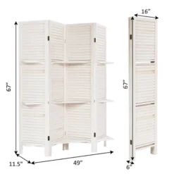 Costway 4 Panel Folding Room Divider Screen W/3 Display Shelves 5.6 Ft Tall WhiteNatural