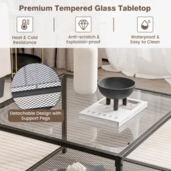 Costway Glass Coffee Table 27.5 Inch 2-Tier Square With Mesh Shelf Living Room Grey/Transparent -Baxton Studio Shop GUEST 7b4bdd91 4620 453c a067 1fe34cda774d