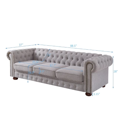 Chesterfield Linen Tufted Nailhead Upholstered Sofa With Wooden Legs - ModernLuxe 4 Chesterfield Linen Tufted Nailhead Upholstered Sofa With Wooden Legs - ModernLuxe - Image 4