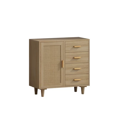 Wooden Cabinet With 4 Drawers And Rattan Decorative Doors, Natural - ModernLuxe 3 Wooden Cabinet With 4 Drawers And Rattan Decorative Doors, Natural - ModernLuxe - Image 3