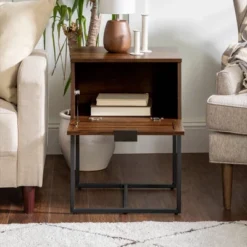 Visconti Boho Slat Pull Down Door Side Table Dark Walnut - Saracina Home -Baxton Studio Shop GUEST 7c8b4df9 8fbd 4632 bb8a a35d316bd6f9