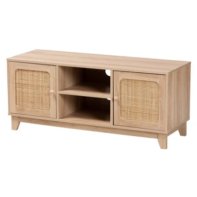 Elsbeth Wood And Natural Rattan 2 Door TV Stand For TVs Up To 40" Light Brown/Natural Brown - Baxton Studio 3 Elsbeth Wood And Natural Rattan 2 Door TV Stand For TVs Up To 40" Light Brown/Natural Brown - Baxton Studio - Image 3