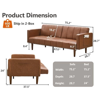 75" Futon Sofa Bed Mid-Century Futon Couch, PU Leathe Convertible Sleeper Couch With Adjustable Backrest, Loveseat And Side Pockets For Living Room 7 75" Futon Sofa Bed Mid-Century Futon Couch, PU Leathe Convertible Sleeper Couch With Adjustable Backrest, Loveseat And Side Pockets For Living Room - Image 7