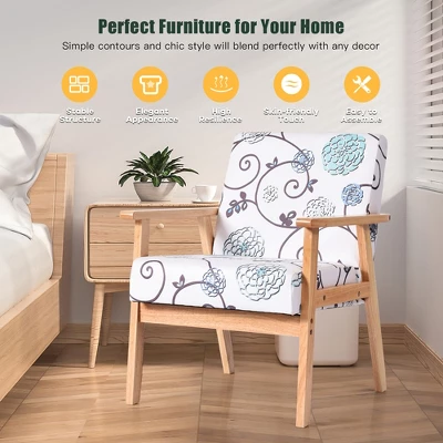 Costway Modern Accent Armchair Fabric Lounge Chair W/Rubber Wood Leg White&Blue Floral 5 Costway Modern Accent Armchair Fabric Lounge Chair W/Rubber Wood Leg White&Blue Floral - Image 5