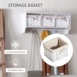 HomCom 32" Rustic Floating Shelf With Coat Hooks And Baskets - Antique White -Baxton Studio Shop GUEST 7d8bb63f b719 4e10 997f afbd6ec1736e