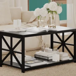 2-Tier Coffee Table For Small Spaces, X-Frame Living Room Low Coffee Table With Storage Shelf -Baxton Studio Shop GUEST 7dfd8a92 fccf 41ca 8871 08a5df29b62b