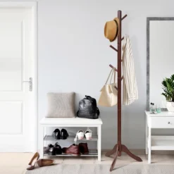 Costway Wooden Coat Rack Stand Entryway Hall Tree 2 Adjustable Height W/ 8 Hooks GrayBrown -Baxton Studio Shop GUEST 7e4f65f4 068b 4991 a480 a0b95972d6e7