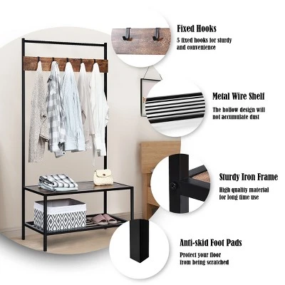 COSTWAY 3 In 1 Industrial Coat Rack Shoe Bench Entryway Hall Tree Storage Shelf W/ Hooks 8 COSTWAY 3 In 1 Industrial Coat Rack Shoe Bench Entryway Hall Tree Storage Shelf W/ Hooks - Image 8