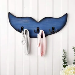 Okuna Outpost Whale Tail Wall Hook For Nursery, Coat Rack With 3 Hooks, Nautical Home Decor (15.5 X 6.75 X 1 In, Blue)