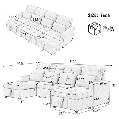 110.2"W Oversized U-Shaped Sectional Sofa, Pull-Out Sofa Bed With Double Storage Chaise Lounges And 2 USB Ports - ModernLuxe 2 110.2"W Oversized U-Shaped Sectional Sofa, Pull-Out Sofa Bed With Double Storage Chaise Lounges And 2 USB Ports - ModernLuxe - Image 2