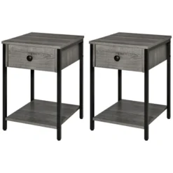 HOMCOM Industrial End Table With Storage Shelf, Accent Side Table With Drawer For Living Room, Or Bedroom, Set Of 2, Gray -Baxton Studio Shop GUEST 7f735ee4 5f6b 41f5 9f97 6959d724bcc2