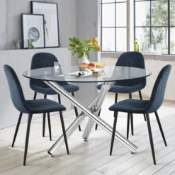 Eileen+Spoon 5-Piece Silver Round Clear Glass Dining Table Set With 4 Upholstered Chairs With Metal Legs -The Pop Maison -Baxton Studio Shop GUEST 7fdcaf9d 0bda 4f98 87ac 9e4dfc035d8e