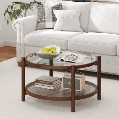 Costway Wooden 31" Round Coffee Table With Tempered Glass Top Handmade Rattan Shelf 1 Costway Wooden 31" Round Coffee Table With Tempered Glass Top Handmade Rattan Shelf