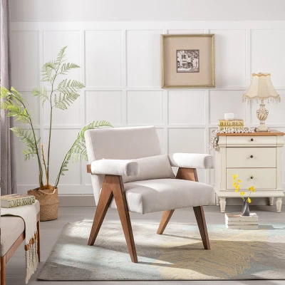 Megan 27.56" Wide Upholstered Fabric Seat And Lumbar Pillow With Walnut "V" Shape Solid Wood Legs Accent Chair With Arm Pads-The Pop Maison 1 Megan 27.56" Wide Upholstered Fabric Seat And Lumbar Pillow With Walnut "V" Shape Solid Wood Legs Accent Chair With Arm Pads-The Pop Maison