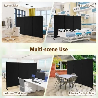 Costway 3-Panel Folding Room Divider 6Ft Rolling Privacy Screen WithLockable Wheels Black/Brown/Grey/White 8 Costway 3-Panel Folding Room Divider 6Ft Rolling Privacy Screen WithLockable Wheels Black/Brown/Grey/White - Image 8