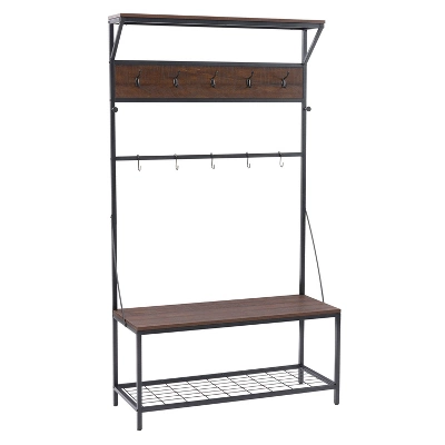 Rowan Wood Grain And Metal Hall Tree Bench And Shoe RackBrown - CorLiving 1 Rowan Wood Grain And Metal Hall Tree Bench And Shoe RackBrown - CorLiving