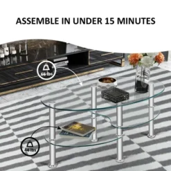 Costway Tempered Glass Oval Side Coffee Table Shelf Chrome Base Living Room Clear -Baxton Studio Shop GUEST 814a85aa 8ca8 48f7 ab27 9cec420d1e8b