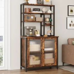 Kitchen Bakers Rack With Large Cabinet, Tall Bar Cabinet With Storage. Large Microwave Stand With Shelf, Vintage Brown -Baxton Studio Shop GUEST 81be0b85 698a 4b18 bd12 c8e8cabd64f2