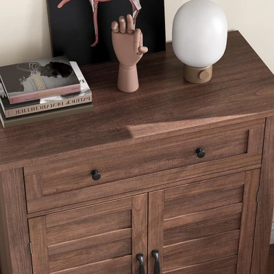 Set Of 2 Rustic Storage Cabinet Adjustable 3-Tier, Farmhouse Entryway Organizer With Slatted Doors, Kitchen Storage Cabinet With Large Drawer 5 Set Of 2 Rustic Storage Cabinet Adjustable 3-Tier, Farmhouse Entryway Organizer With Slatted Doors, Kitchen Storage Cabinet With Large Drawer - Image 5