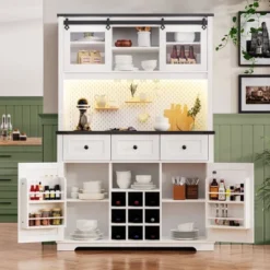 71" Farmhosue Pantry Bar Cabinet With Internal Pegboard Storage Rack,Power Outlet,Kitchen Cabinet With Sliding Door,9 Wine & Glasses Rack,3 Drawers -Baxton Studio Shop GUEST 83148fb2 868a 45f2 92b7 80193bec5857