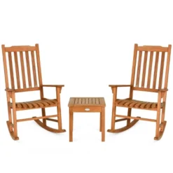 Costway 3 PCS Eucalyptus Rocking Chair Set W/ Coffee Table 2 Wood Conversation Chairs