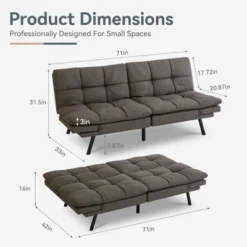 Dyonery Futon Sofa Bed Convertible Couch, Grey Linen Sofa Bed With Adjustable Backrest & Armrests, Multifunctional Small Loveseat Sleeper Sofa