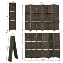 Costway 6 Panel Folding Room Divider 6Ft Weave Fiber Screen W/ 2 Display Shelves