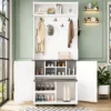 TIRAMISUBEST Farmhouse 4-in-1 Hall Tree With Barn Doors - Entryway Organizer With 7 Hooks & Wheels, White