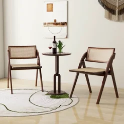 Costway Foldable Dining Chairs Set Of 2/4 With Woven Rattan Backrest & Seat Rubber Wood Frame Brown