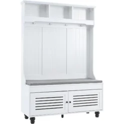 Acekool Hall Tree With Storage, Entryway Bench, Coat Rack, Shoe Cabinet & 4 Hooks, Cushioned Mudroom Organizer, 47.2"W White -Baxton Studio Shop GUEST 850af181 4cb1 4415 a8da 4c5a26701257