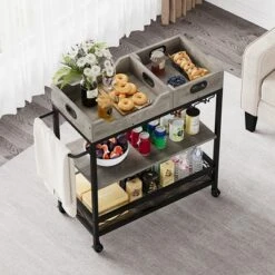 3-Tier Home Bar Cart, Bar Cart W/Wheels, Bar Cart, Two Portable Trays/Wine Rack/Industrial Serving Cart, For Kitchen, Living Room, Dining Room, Grey