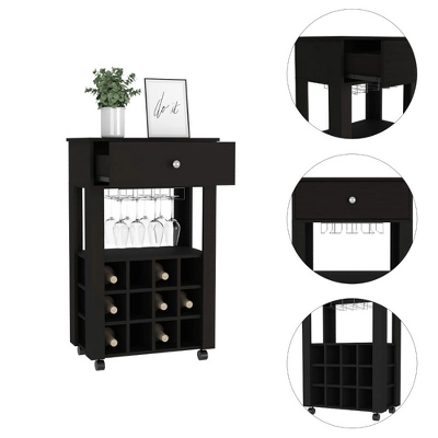 Gulches Black Bar Cart With Wine Rack & Glass Holder 1 Gulches Black Bar Cart With Wine Rack & Glass Holder