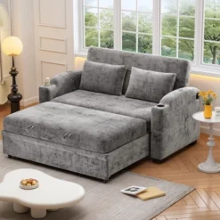 61.4" Pull Out Chenille Loveseat Sofa Bed With Adjustable Backrest, USB Ports, Cup Holders And Pillows