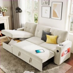 84" L-Shaped Sleeper Sofa Couch, Convertible Pull-Out Sofa Bed With Storage Chaise, Charging Station & LED Lights -Baxton Studio Shop GUEST 89852946 c999 41e0 9a06 01fb70f81b0b