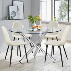 Eileen+Spoon 5-Piece Silver Round Clear Glass Dining Table Set With 4 Upholstered Chairs With Metal Legs -The Pop Maison -Baxton Studio Shop GUEST 89e09bf6 0dd9 43d3 874c da5e88cf8e31