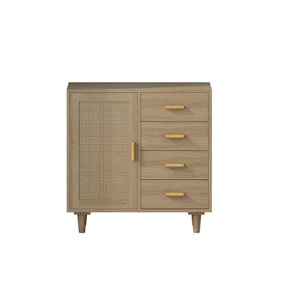 Wooden Cabinet With 4 Drawers And Rattan Decorative Doors, Natural - ModernLuxe 4 Wooden Cabinet With 4 Drawers And Rattan Decorative Doors, Natural - ModernLuxe - Image 4