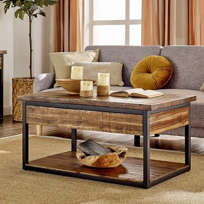 Claremont Rustic Wood Coffee Table With Low Shelf Dark Brown - Alaterre Furniture: Steel Frame, Acacia Surface 1 Claremont Rustic Wood Coffee Table With Low Shelf Dark Brown - Alaterre Furniture: Steel Frame, Acacia Surface