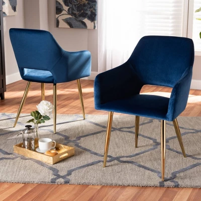 Set Of 2 Germaine Velvet Upholstered Metal Dining Chairs Navy Blue/Gold - Baxton Studio: Mid-Century Modern, Arm Style: Polyester, Spot Clean 5 Set Of 2 Germaine Velvet Upholstered Metal Dining Chairs Navy Blue/Gold - Baxton Studio: Mid-Century Modern, Arm Style: Polyester, Spot Clean - Image 5