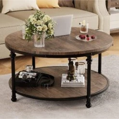Round Coffee Table Coffee Table For Living Room 2-Tier Rustic Wood Desktop With Storage Shelf Modern Design Home Furniture -Baxton Studio Shop GUEST 8b1afdc4 c204 455f 87fa f10630194d3e