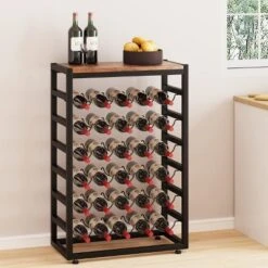 Itopfox 6-Tier Free Standing Wine Rack With Wooden Table Top, Sturdy Metal Bottle Holder For Kitchen Bar Pantry, Holds 30 Bottles