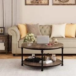 Round Coffee Table Coffee Table For Living Room 2-Tier Rustic Wood Desktop With Storage Shelf Modern Design Home Furniture -Baxton Studio Shop GUEST 8c83524e 33f7 4736 b61c 5c050833150e