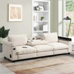 96''W Sofa Couch Set, Upholstered Storage Sofa Chair With USB Charges, Bluetooth Speaker, Cup Holders -ModernLuxe
