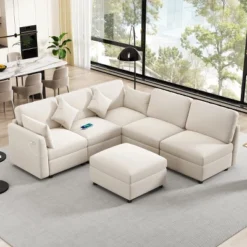 U-Shaped Sectional Sofa Couch, L-Shaped Sofa With A Movable Ottoman And Two USB Ports For Living Room - ModernLuxe