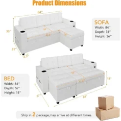 84" L-Shaped Sleeper Sofa Bed With Pull-Out Mattress, Storage Armrests, Cup Holders & USB Ports, Sectional Couch For Living Room