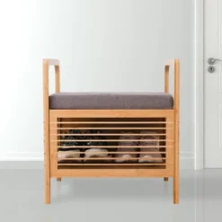 Proman Products Square Cambridge Bamboo Storage Shoe Bench Natural: Upholstered Entryway Bench With Cushion, Modern Style -Baxton Studio Shop GUEST 8f03d2e4 19b0 42d3 ae5d 1955f28ed6a8