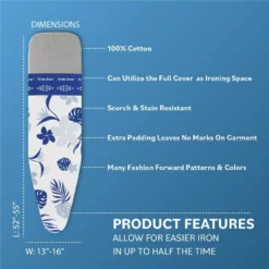 Bartnelli Cotton 54"x15" Ironing Board Cover, Scorch-Resistant, Park & Turbo Zone, Floral Blue -Baxton Studio Shop GUEST 8f13b1b5 15d1 4ed1 8ddc e46481d4572f