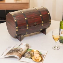 Vintiquewise Wooden Wine Barrel Shaped Treasure Chest Vintage Decorative Wine Holder